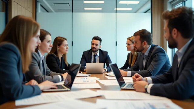Front?view of mixed department staff engaged in a roundtable discussion around a polished wood table laptops open and printed reports spread out capturing a focused department meeting in  Photo Stock 