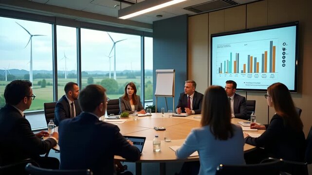 Renewable energy consortium reviewing farm industry impact of USMCA trade agreement revisions in rural policy workshop with data charts in  Photo Stock  Concept  and empty space on the left side