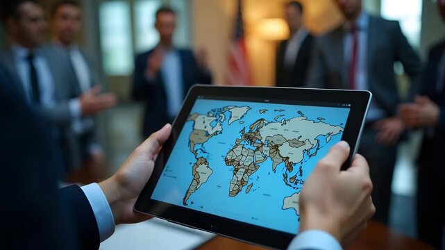 Government advisors presenting political trade strategy models on tablet overlaying geostrategic maps in executive office reflecting complex international negotiations in  Photo Stock  Concept  and em