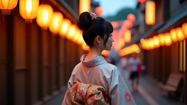 Close?up portrait of woman wearing pastel yukata with intricate floral pattern and obi sash walking along lantern?lit street during traditional Obon festival evening in  Photo Stock  Concept  and empt