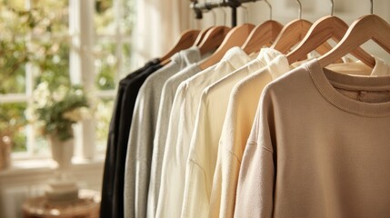 Obraz premium Open closet view featuring stylish women sweatshirts, linen shirts, and silk blouses in an airy, sunlit bedroom