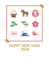 年賀状2026 　ウマと縁起物のシンプルなイラスト　午年　素材,富士山,ダルマ,鏡餅,松竹梅,テンプレート