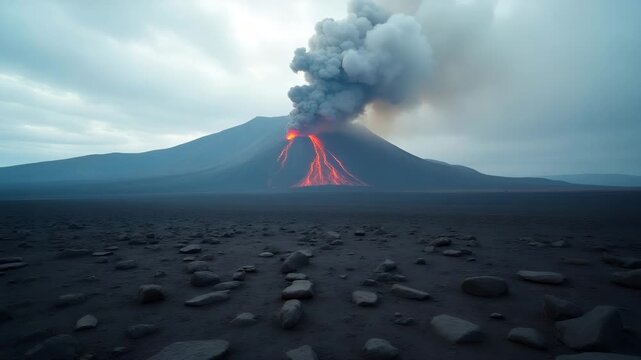 Stunning volcanic scenery captured from elevated viewpoint showing rugged lava plains rising toward active volcano spewing ash and smoke into overcast sky in  Photo Stock  Concept  and empty space on 