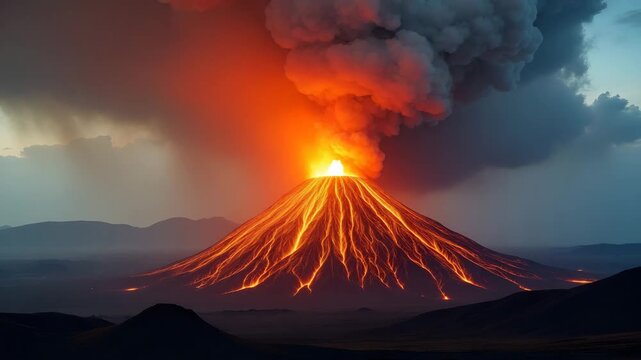 Volcanic eruption event portrayed with billowing ash cloud expanding over surrounding landscape spewing lava into air and glowing in red heat in  Photo Stock  Concept  and empty space on the left side