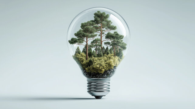 Sustainable forest inside a light bulb symbolizing renewable