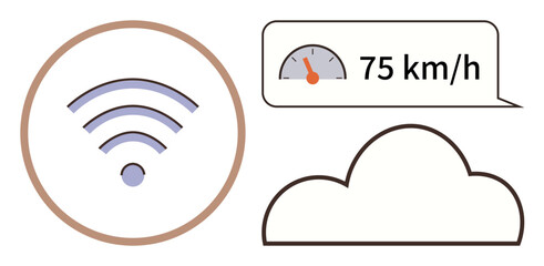 wireless signal icon, speedometer with 75 kmh reading, and cloud symbol representing connectivity and data sharing. Ideal for IoT, smart devices, technology integration, cloud computing, innovation