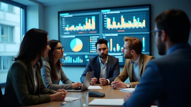 Diverse project team gathered around digital screen analyzing quarterly performance data sharing ideas brainstorming innovative solutions driving collective progress in  Photo Stock  Concept  and empt