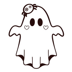 Cute Ghost with Spider on Head Line Art Illustration 