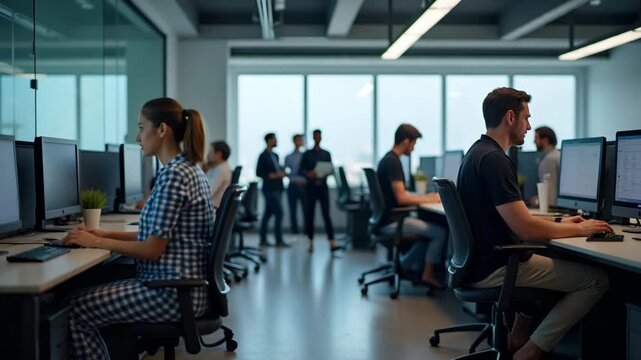 Daily office routine scene capturing employees checking schedules on digital screens organizing desks and preparing for productive workday in modern corporate office in  Photo Stock  Concept  and empt
