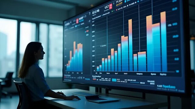 Financial analyst modeling USA goods taxation scenarios using spreadsheet graphs projected on screen in modern office environment in  Photo Stock  Concept  and empty space on the left side