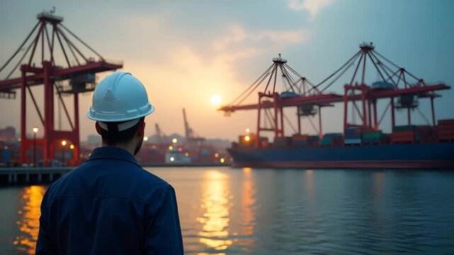 Port manager overseeing shipping containers loading sequence guided by automated cranes in Chinese export hub reflecting high volume throughput control in  Photo Stock  Concept  and empty space on the