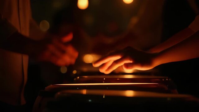 Close?up of drummer hands coordinating on festival taiko drum skins illuminated by lantern glow at Obon event in  Photo Stock  Concept  and empty space on the left side