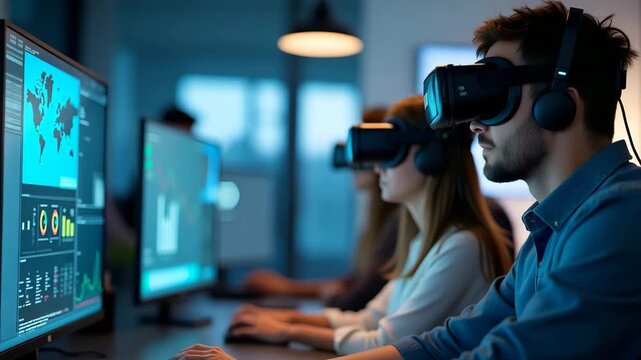 Team engaging in hands on training to work simulation with VR headsets and interactive dashboards in high tech learning lab in  Photo Stock  Concept  and empty space on the left side