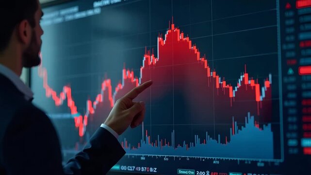 Analyst pointing at red stock chart on digital touchscreen board illustrating sharp downturn in share prices and key support levels during market analysis session in  Photo Stock  Concept  and empty s