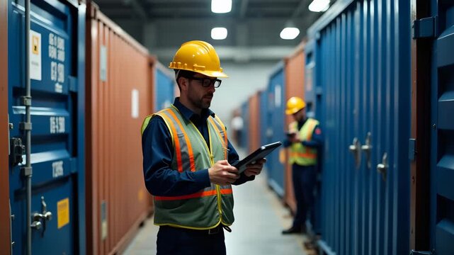 Detailed photograph of customs inspection area with officers examining cargo containers using handheld scanners heavy?duty equipment and safety gear in  Photo Stock  Concept  and empty space on the le
