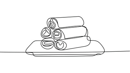 Stack of rolled crepes or pancakes on a plate in continuous line drawing style pile