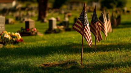 American Flags at Cemetery Honoring Fallen Soldiers on Veterans Day Memorial Service
