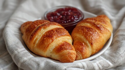 Christmas croissants and jam on linen tablecloth, soft daylight