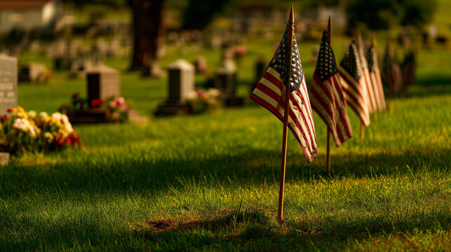 American Flags at Cemetery Honoring Fallen Soldiers on Veterans Day Memorial Service