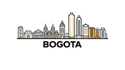 Stylized line art cityscape of Bogota with yellow accents and black text Colombia skyline