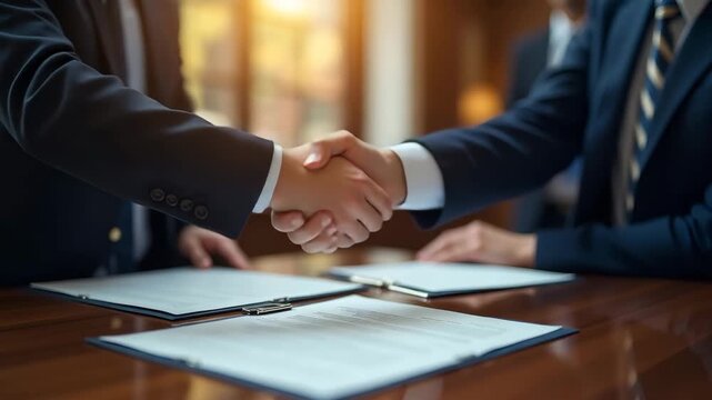 Diplomats shaking hands over trade agreement documents in formal negotiations room representing diplomacy and trade partnership forging in  Photo Stock  Concept  and empty space on the left side