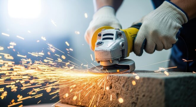 A worker using an angle grinder on a brick with sparks flying in a workshop environment setting