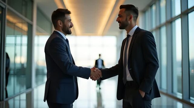 Colleagues exchange professional workplace handshake greeting each other in business attire within modern office lobby symbolizing mutual respect and corporate etiquette in  Photo Stock  Concept  and 