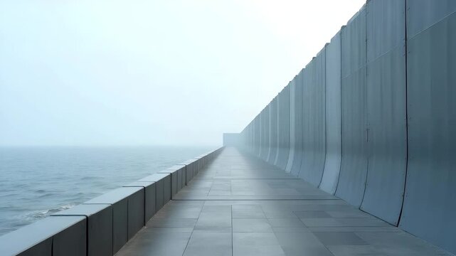 Close?up view of reinforced tsunami barrier wall with energy?absorbing panels and access walkway under gray sky symbolizing engineered coastal defense system in  Photo Stock  Concept  and empty space 