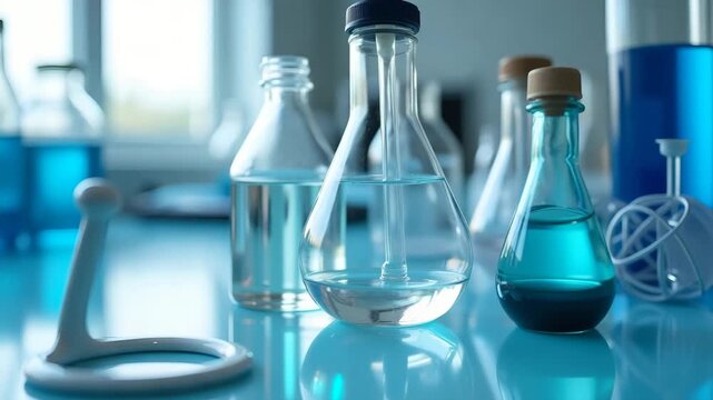 Close up photograph of water testing equipment including pH meter turbidity tube and reagent bottles arranged on laboratory bench in  Photo Stock  Concept  and empty space on the left side