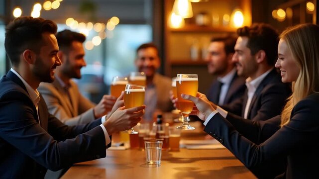 Professional after?work gathering image featuring business professionals enjoying chilled beer during golden hour at stylish urban bar setting in  Photo Stock  Concept  and empty space on the left sid