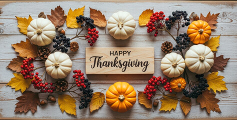 Festive autumn pumpkin and leaf frame with text "Happy Thanksgiving" on white wooden background