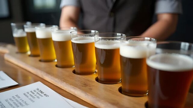 Beer tasting event coverage featuring flight of sample glasses organized on wooden paddle backdrop tasting notes cards interactive workshop showcase educational aspect in  Photo Stock  Concept  and em