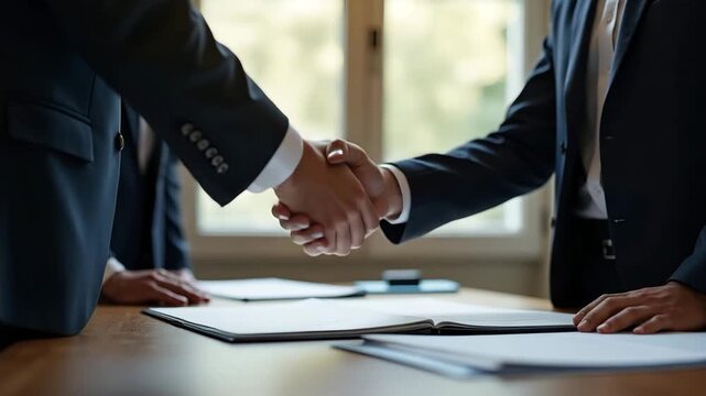 Diplomats shaking hands over trade agreement documents in formal negotiations room representing diplomacy and trade partnership forging in  Photo Stock  Concept  and empty space on the left side