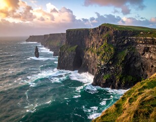 Rugged, breathtaking coastal cliffs meet crashing waves beneath a dramatic, cloudy sky at sunset