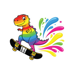 Rainbow dinosaur skateboarding with colorful splashes of joy and fun.