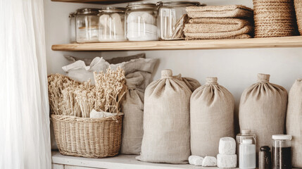 Fototapeta premium Shelves of natural pantry goods with jars, sacks, baskets, and bundles, in neutral light