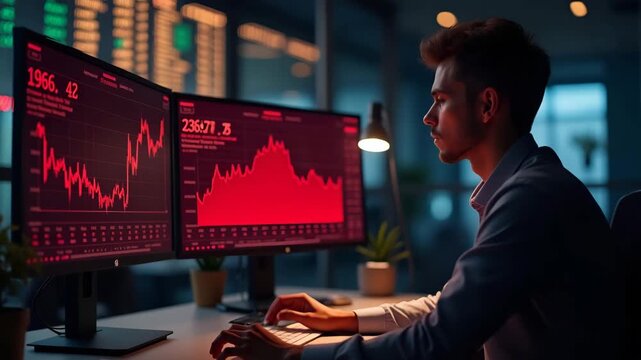 Image of trading desk featuring stock monitor red screen filled with negative price movements margin call pop?ups and anxious financial analyst in  Photo Stock  Concept  and empty space on the left si
