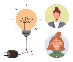 Lightbulb with shining lines connected to plug alongside two diverse people portraits. Ideal for creativity, teamwork, brainstorming, innovation, energy, ideas, collaboration. Simple flat metaphor