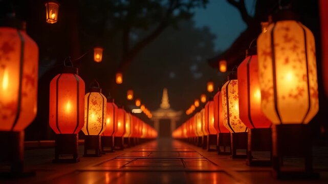 Row of ornate paper lanterns ablaze with candlelight lines temple pathway leading pilgrims towards shrine altar amid hushed reverence. in  Photo Stock  Concept  and empty space on the left side