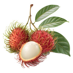 Rambutan Fruit with Hairy Shell Isolated on Transparent Background Fresh Tropical Exotic Fruit Close Up