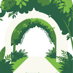 Verdant Garden Archway With Stone Path And Lush Green Foliage Against A White Background In A Flat Vector Style With Bright Outdoor Lighting