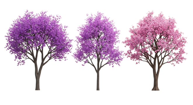 Three flowering trees purple and pink on transparent background