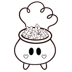 Cute halloween cauldron with autumn leaves line art illustration 