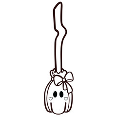 Cute magic broom with red bow line art illustration 