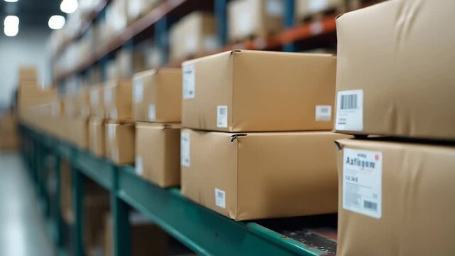 Stack of premium branded product packaging labeled with tariff rate stickers on assembly line demonstrating branded products tariff implications in  Photo Stock  Concept  and empty space on the left s