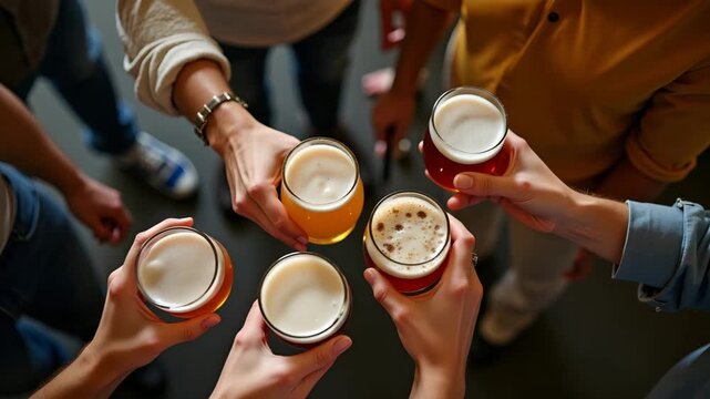 Overhead shot of small group sampling seasonal craft beer varieties during immersive brewery tour through copper kettles and oak cask aging rooms in  Photo Stock  Concept  and empty space on the left 