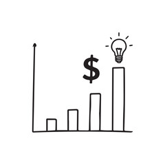 Simple Whiteboard Illustration of Rising Bar Graph with Dollar Symbol and Light Bulb Idea.