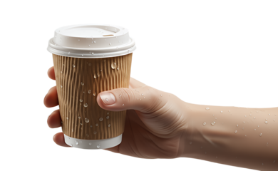 Closeup of a hand holding a disposable coffee cup with water droplets isolated on transparent background, showcasing a refreshing and convenient beverage option