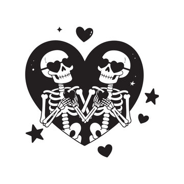 Silhouette Skeleton Heart Illustration with Sunglasses, Hearts, and Whimsical Sparkles on White Background.