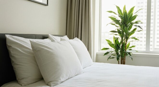 Clean White Bed With Plush Pillows Near A Large Window With Green Plant And City View In Soft Morning Light